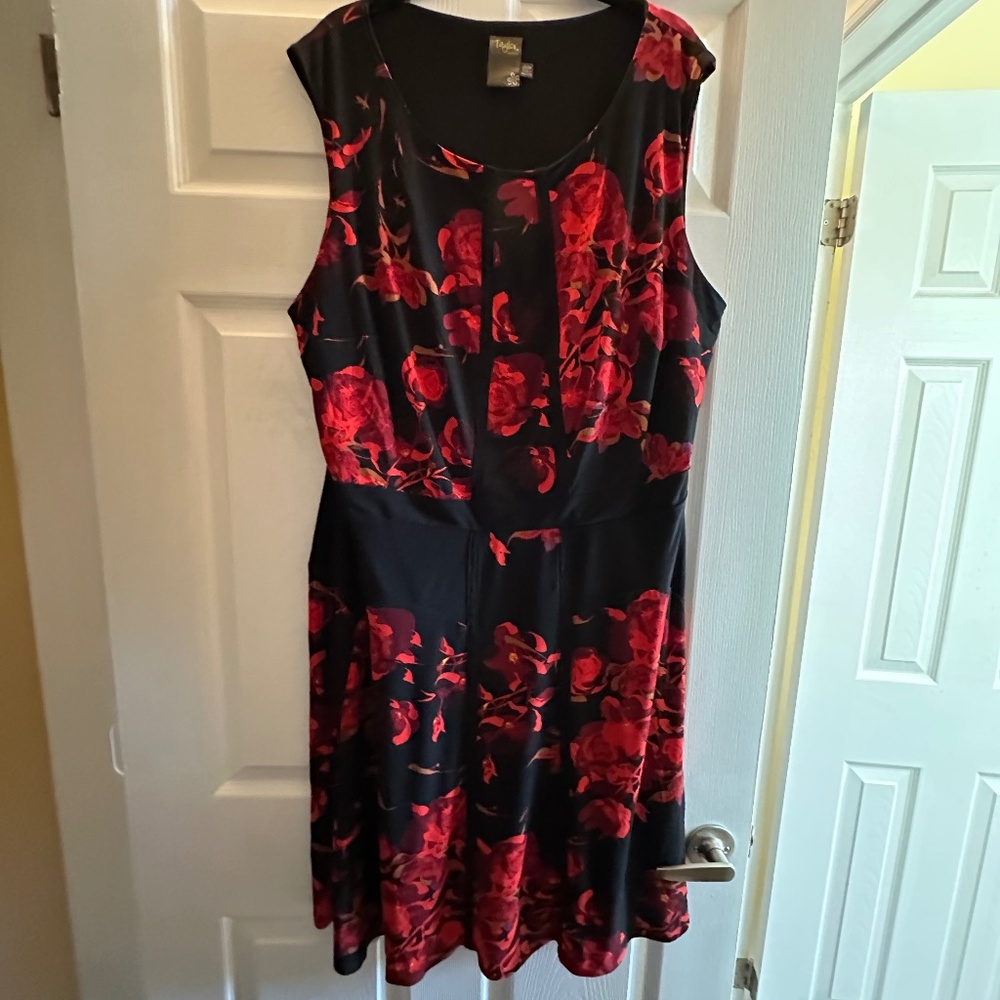 Taylor Woman Black Red Floral Dress Size 20W Fit & Flare Midi
